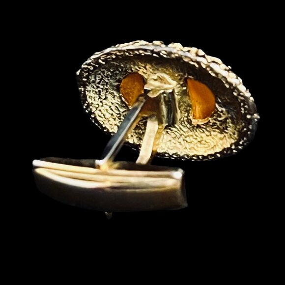 Vintage Oval Gold Tone With Orange Cabochon Cufflinks And Tie Tack Set (5337) - Picture 7 of 8